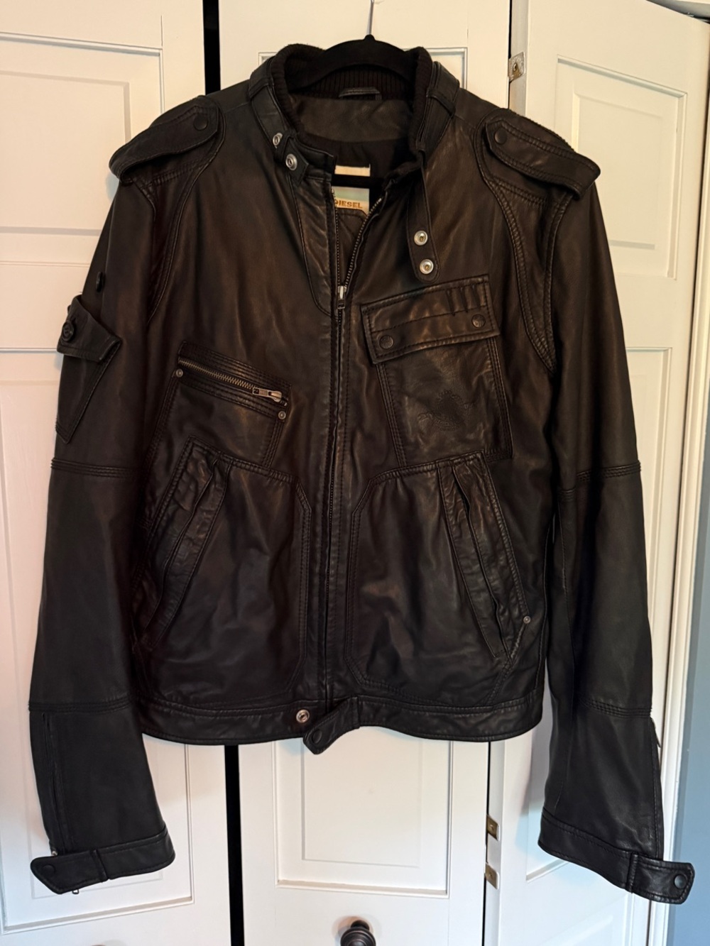 Vintage Diesel Black Lambskin Leather-cafe Racer Moto Jacket XL